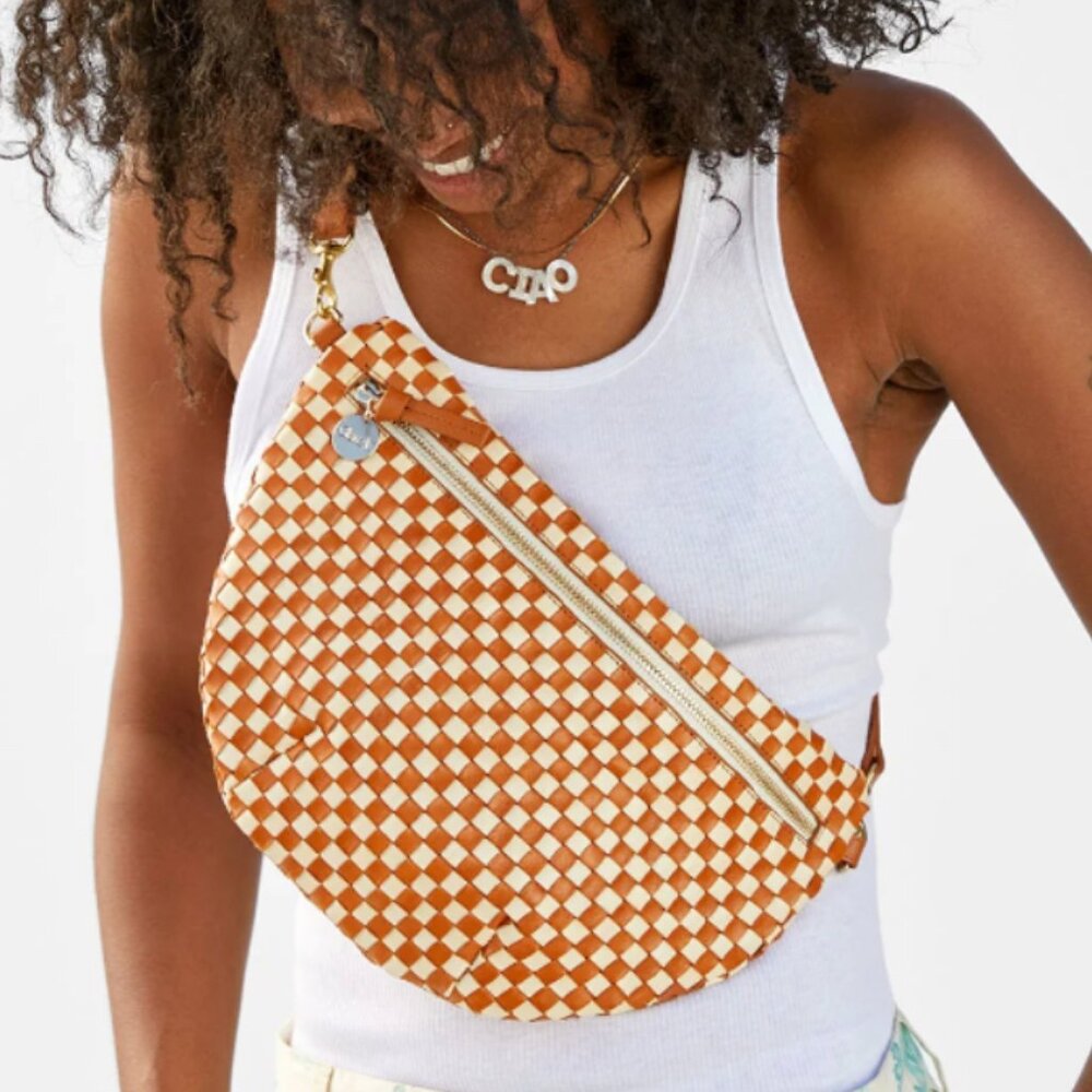 Clare V. Grande Fanny Natural & Cream Woven Checker
